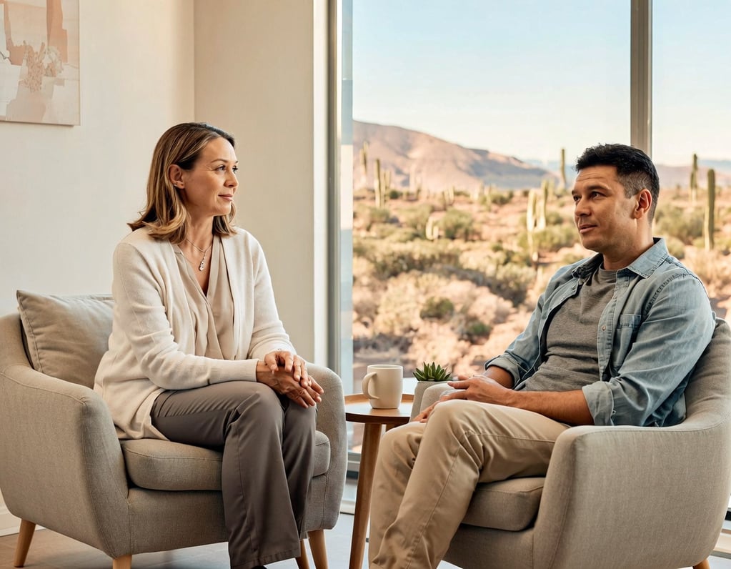 Calm therapy conversation in an Arizona residential treatment setting.