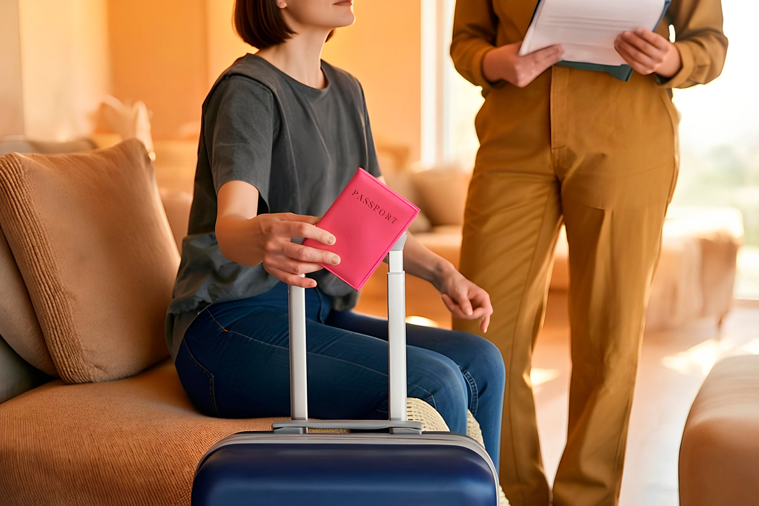 Woman arriving with luggage and travel documents for out-of-state residential mental health treatment.